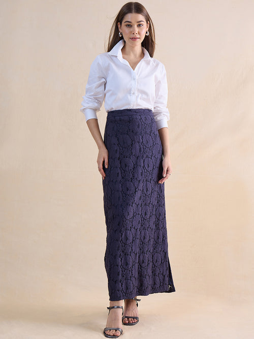Navy Lace Slit Detail Maxi Skirt