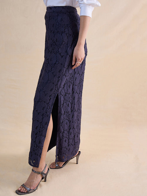 Navy Lace Slit Detail Maxi Skirt