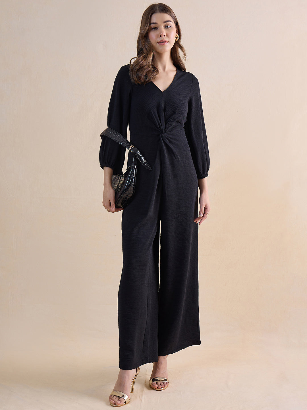 Black Front Twist Detailed Jumpsuit