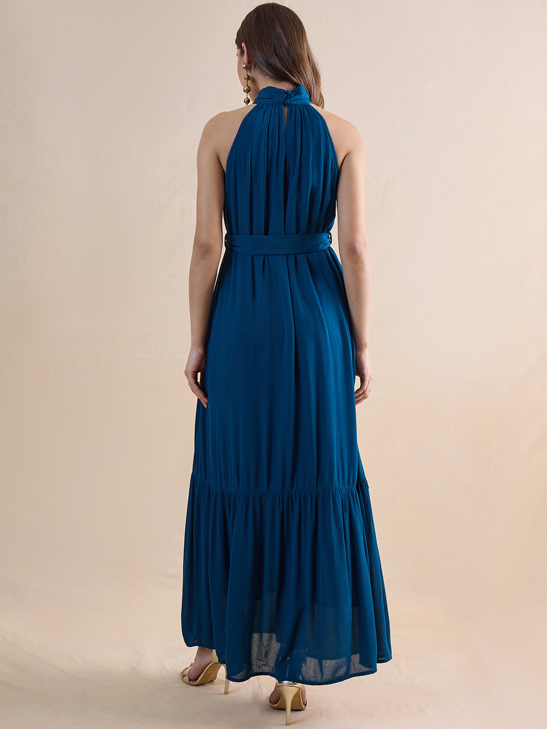 Teal Crinckled Halter Neck Maxi Dress