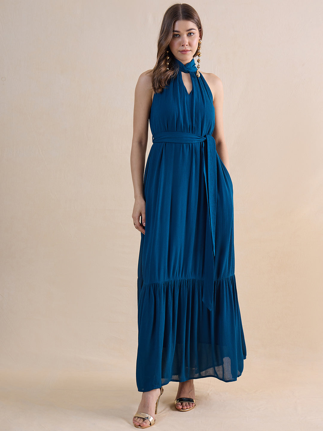 Teal Crinckled Halter Neck Maxi Dress