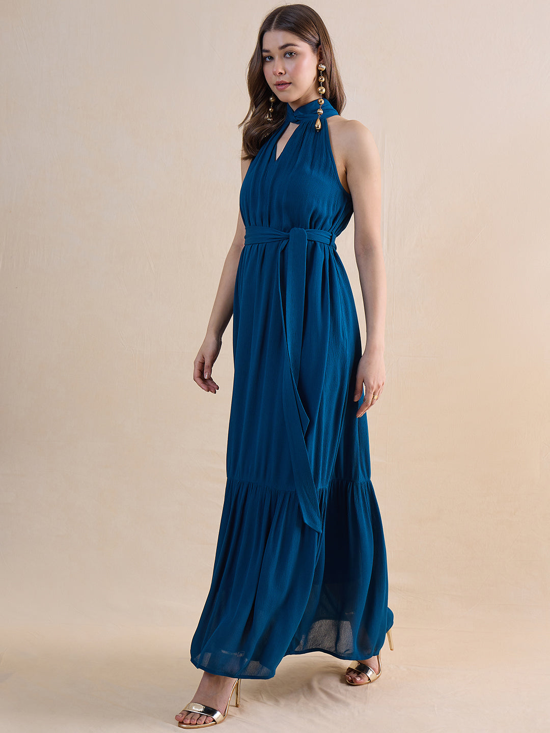 Teal Crinckled Halter Neck Maxi Dress