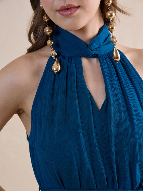 Teal Crinckled Halter Neck Maxi Dress