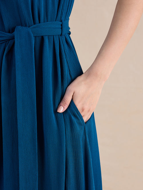 Teal Crinckled Halter Neck Maxi Dress