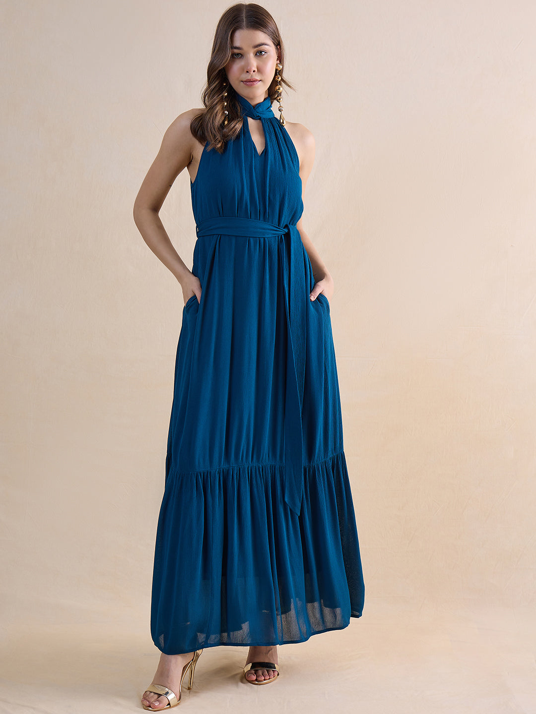 Teal Crinckled Halter Neck Maxi Dress