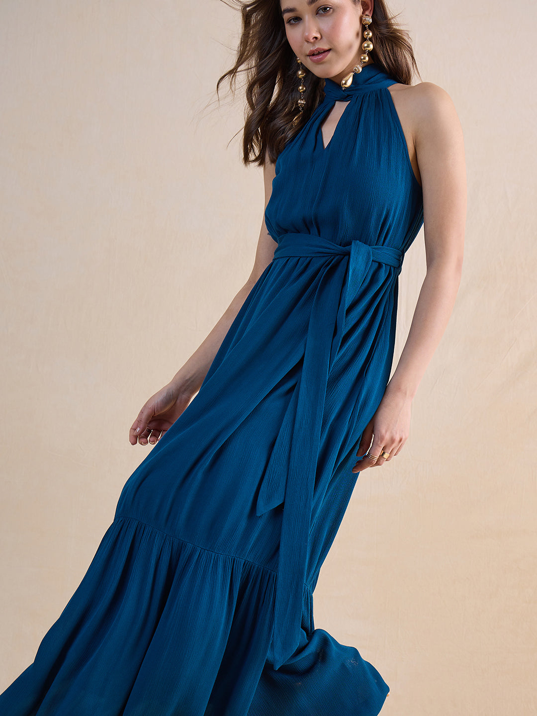 Teal Crinckled Halter Neck Maxi Dress