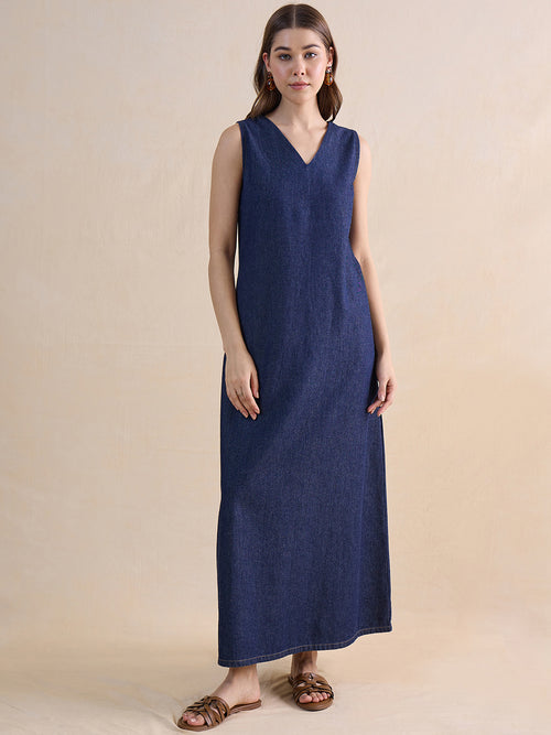Navy Blue Denim Maxi Dress