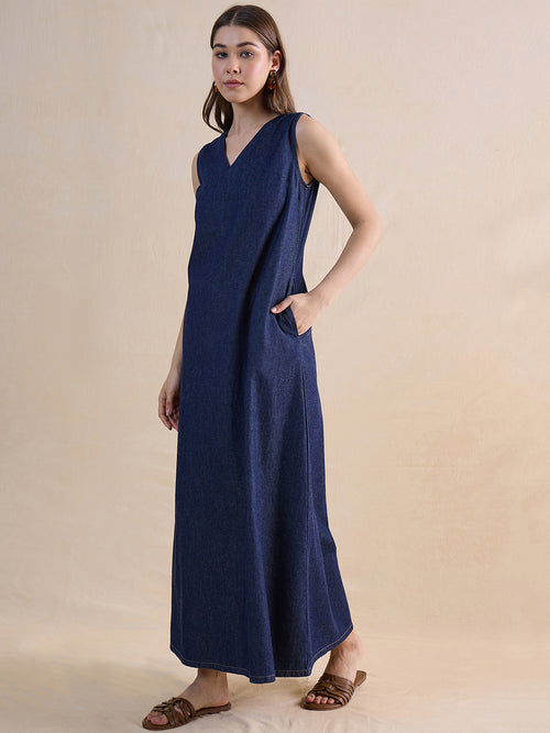 Navy Blue Denim Maxi Dress