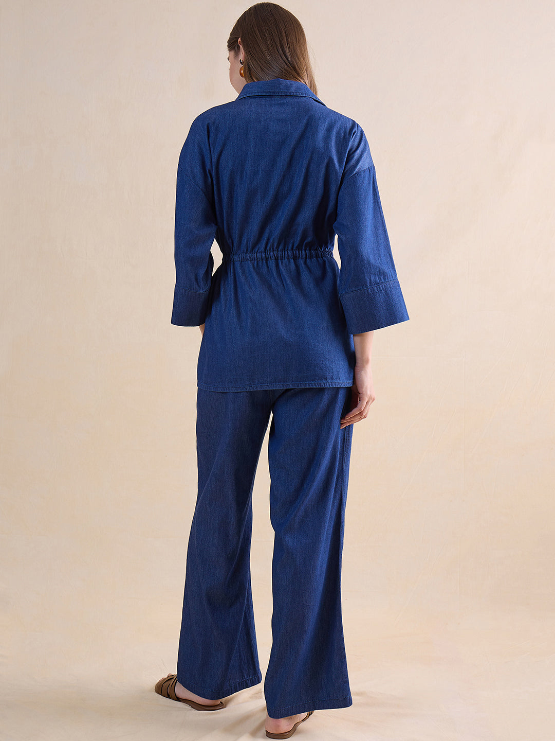 Navy Blue Drawstring Detail Denim Co-Ord