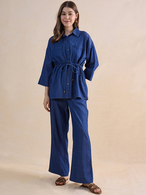 Navy Blue Drawstring Detail Denim Co-Ord