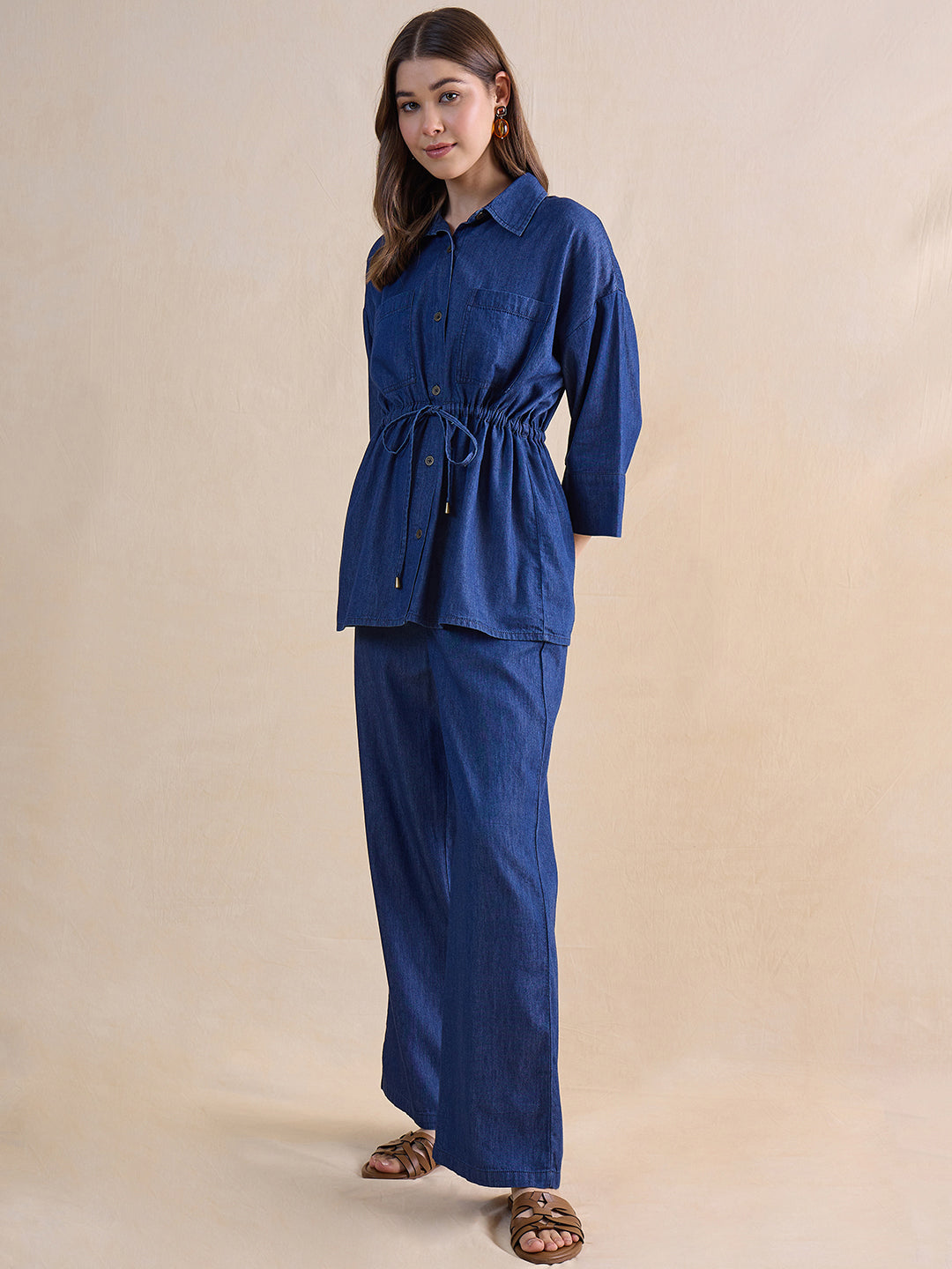 Navy Blue Drawstring Detail Denim Co-Ord