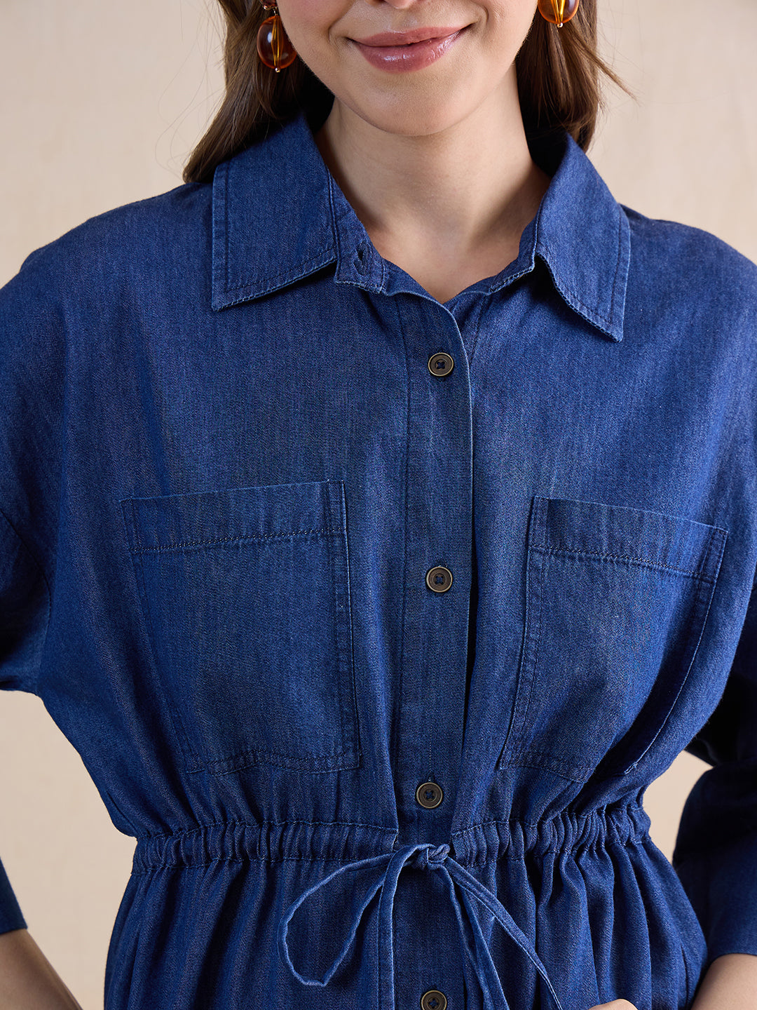 Navy Blue Drawstring Detail Denim Co-Ord