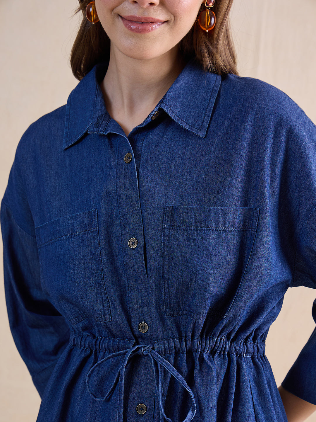 Navy Blue Drawstring Detail Denim Co-Ord