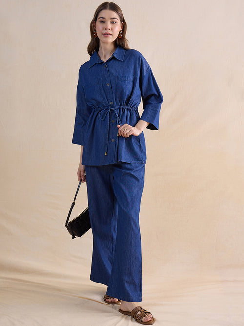 Navy Blue Drawstring Detail Denim Co-Ord