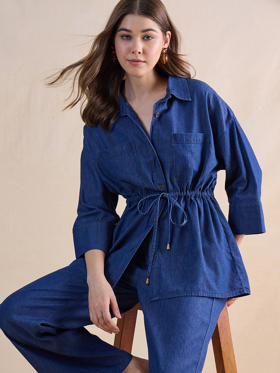 Navy Blue Drawstring Detail Denim Co-Ord