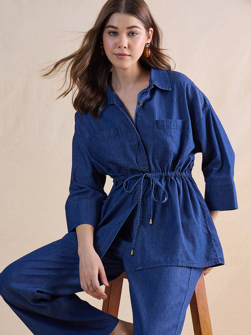 Navy Blue Drawstring Detail Denim Co-Ord
