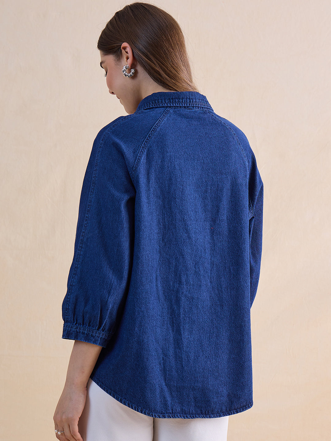 Navy Blue Raglan Sleeve Denim Top