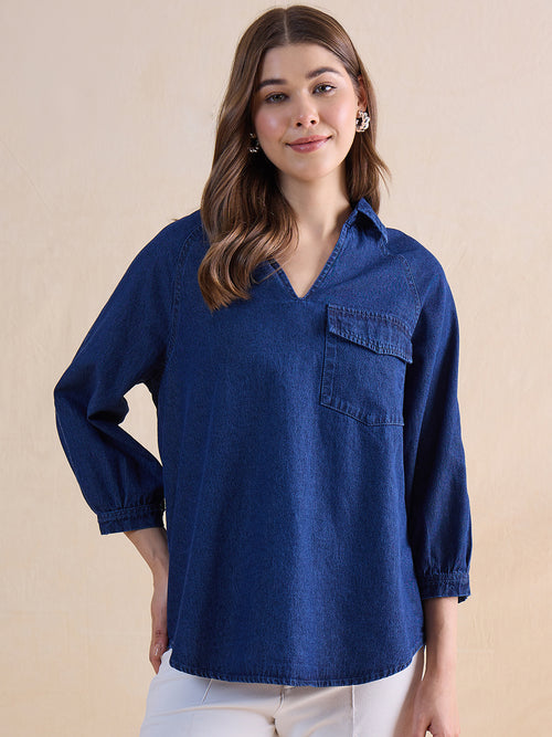 Navy Blue Raglan Sleeve Denim Top