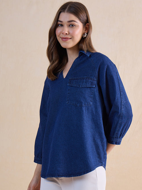 Navy Blue Raglan Sleeve Denim Top