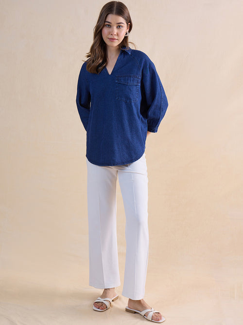 Navy Blue Raglan Sleeve Denim Top