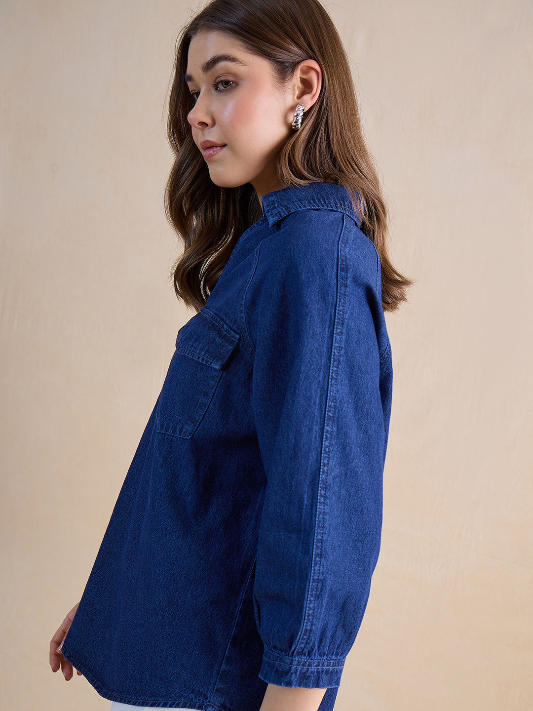Navy Blue Raglan Sleeve Denim Top