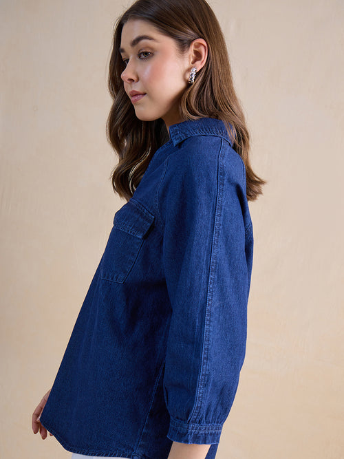 Navy Blue Raglan Sleeve Denim Top
