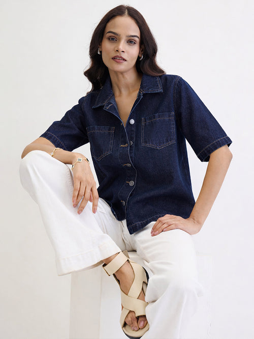 Dark Blue Denim Half Sleeves Shirt