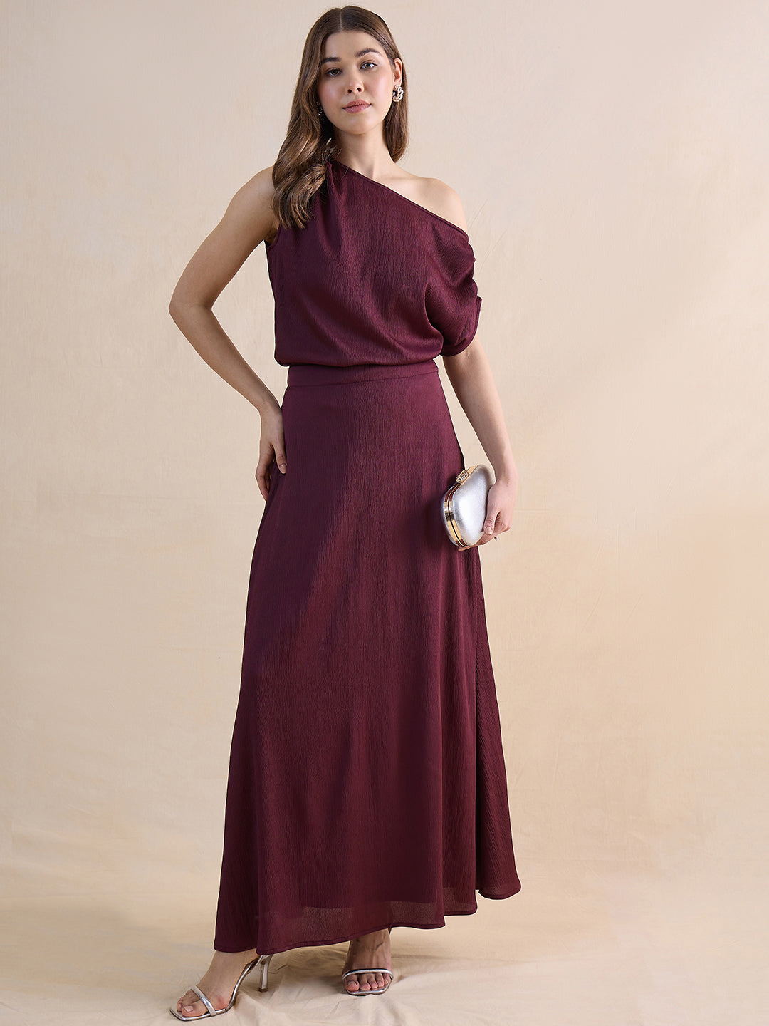 Wine One Shoulder Skirt Co-Ord