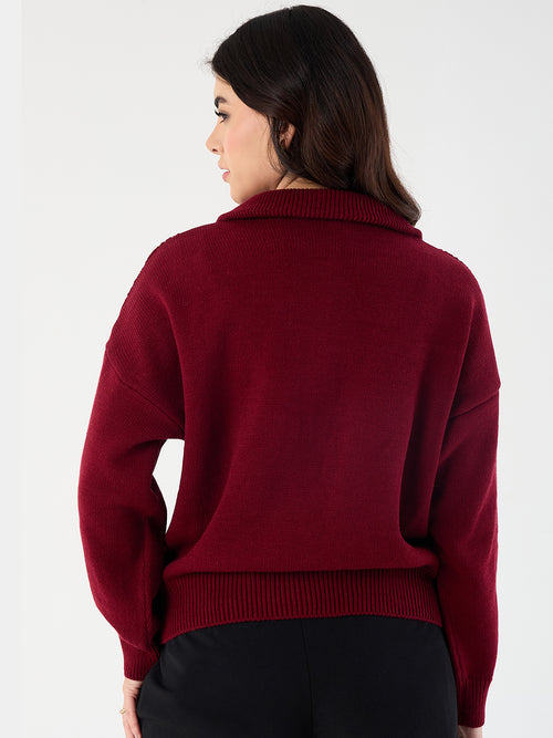 Cranberry High Neck Half Puller Sweater