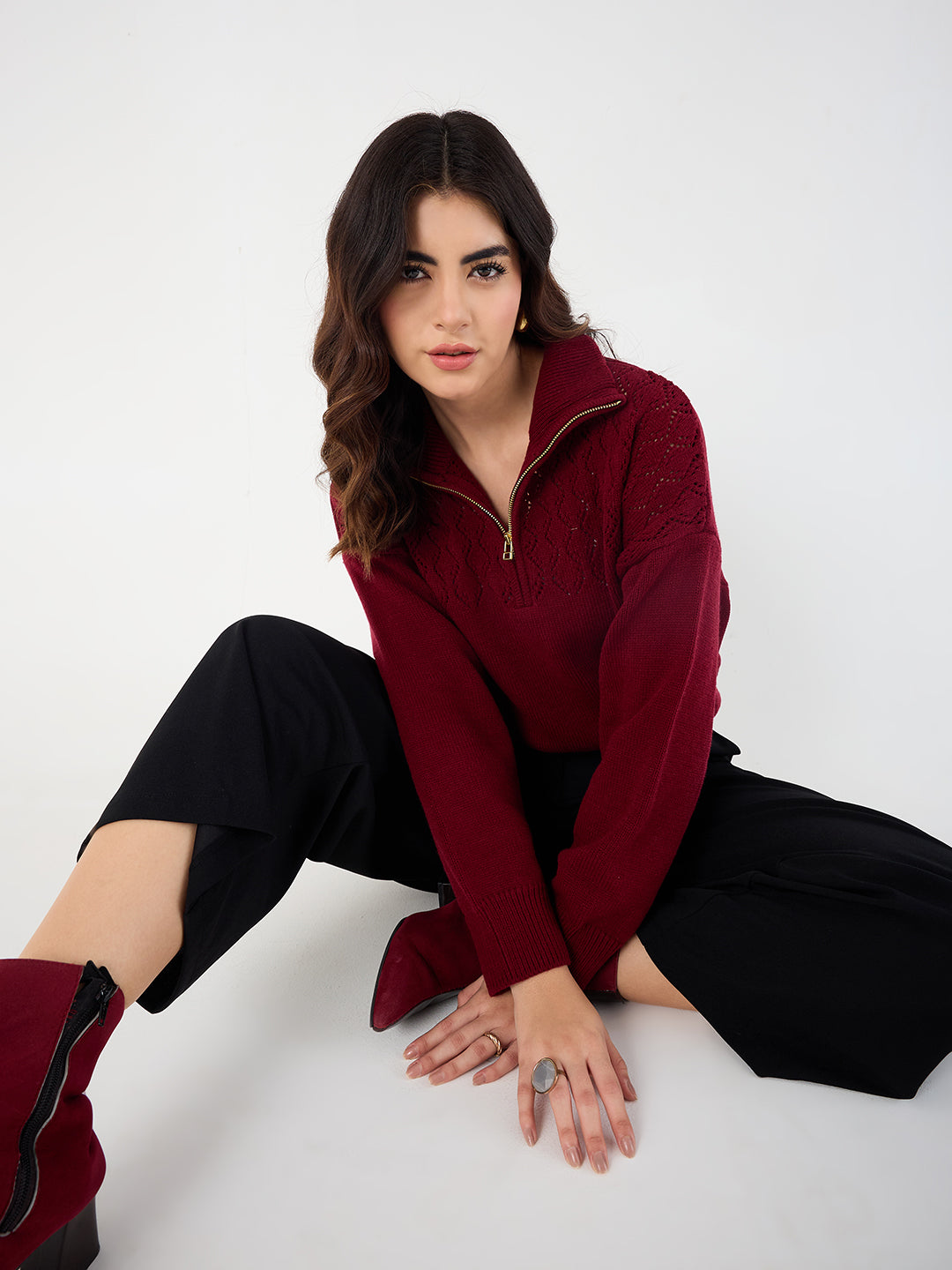 Cranberry High Neck Half Puller Sweater