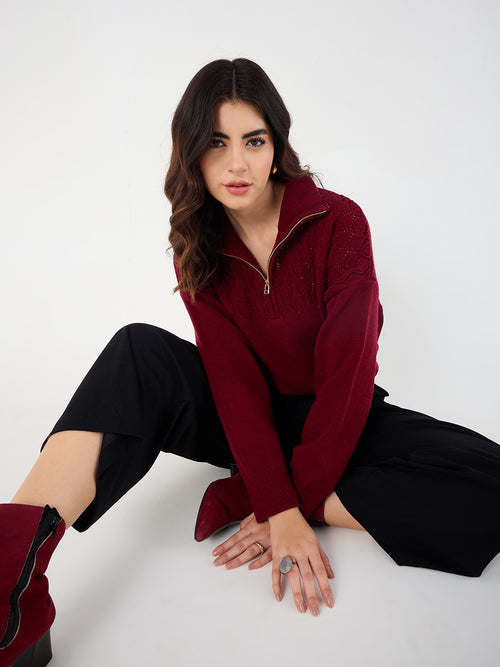 Cranberry High Neck Half Puller Sweater