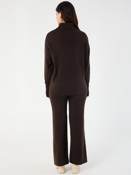 Coffee Brown Knitted High Neck Sweater With Straight Pant