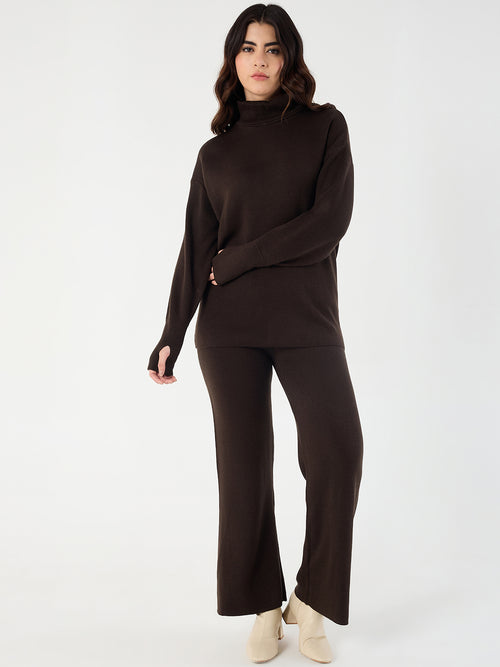 Coffee Brown Knitted High Neck Sweater With Straight Pant