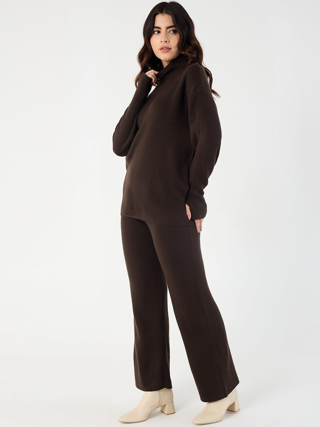 Coffee Brown Knitted High Neck Sweater With Straight Pant