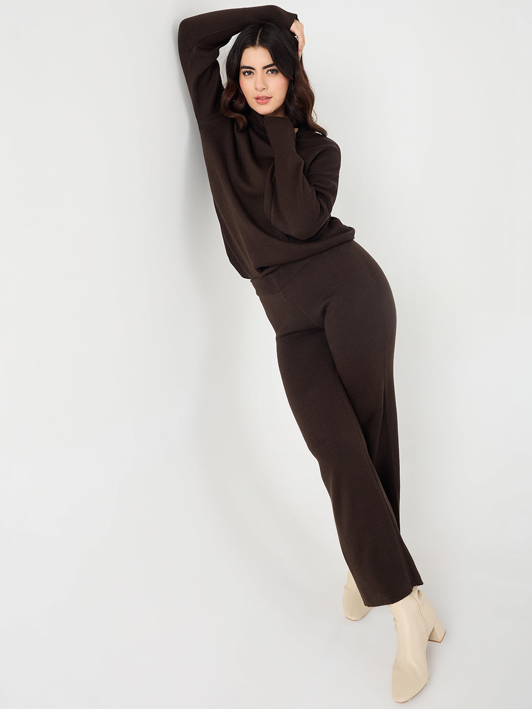 Coffee Brown Knitted High Neck Sweater With Straight Pant