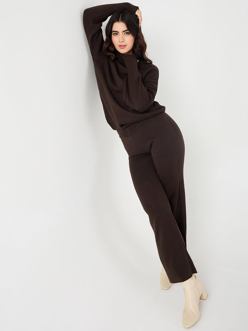 Coffee Brown Knitted High Neck Sweater With Straight Pant