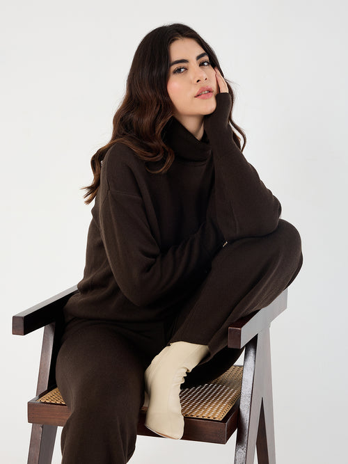 Coffee Brown Knitted High Neck Sweater With Straight Pant