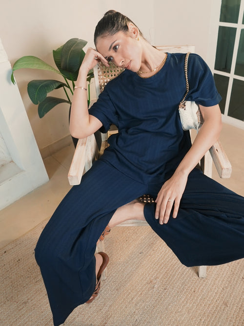 Navy Round Neck Textured Jersey Co-Ord Set