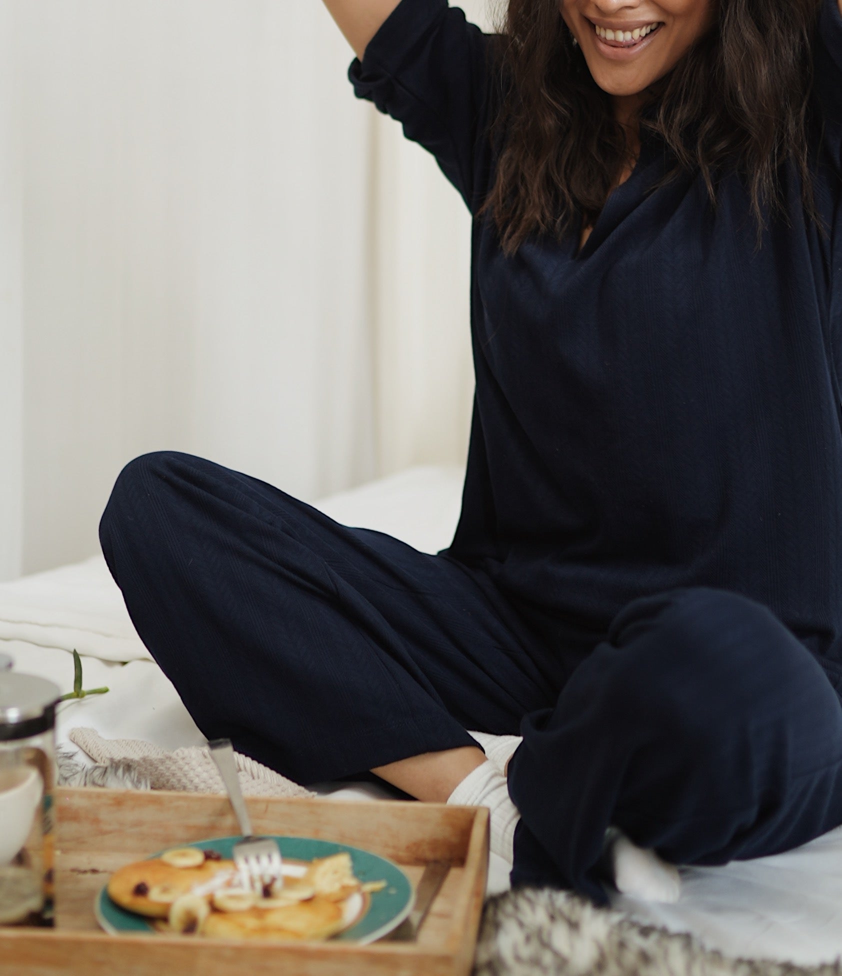 Navy Kimono Textured Jersey Co-Ord Set