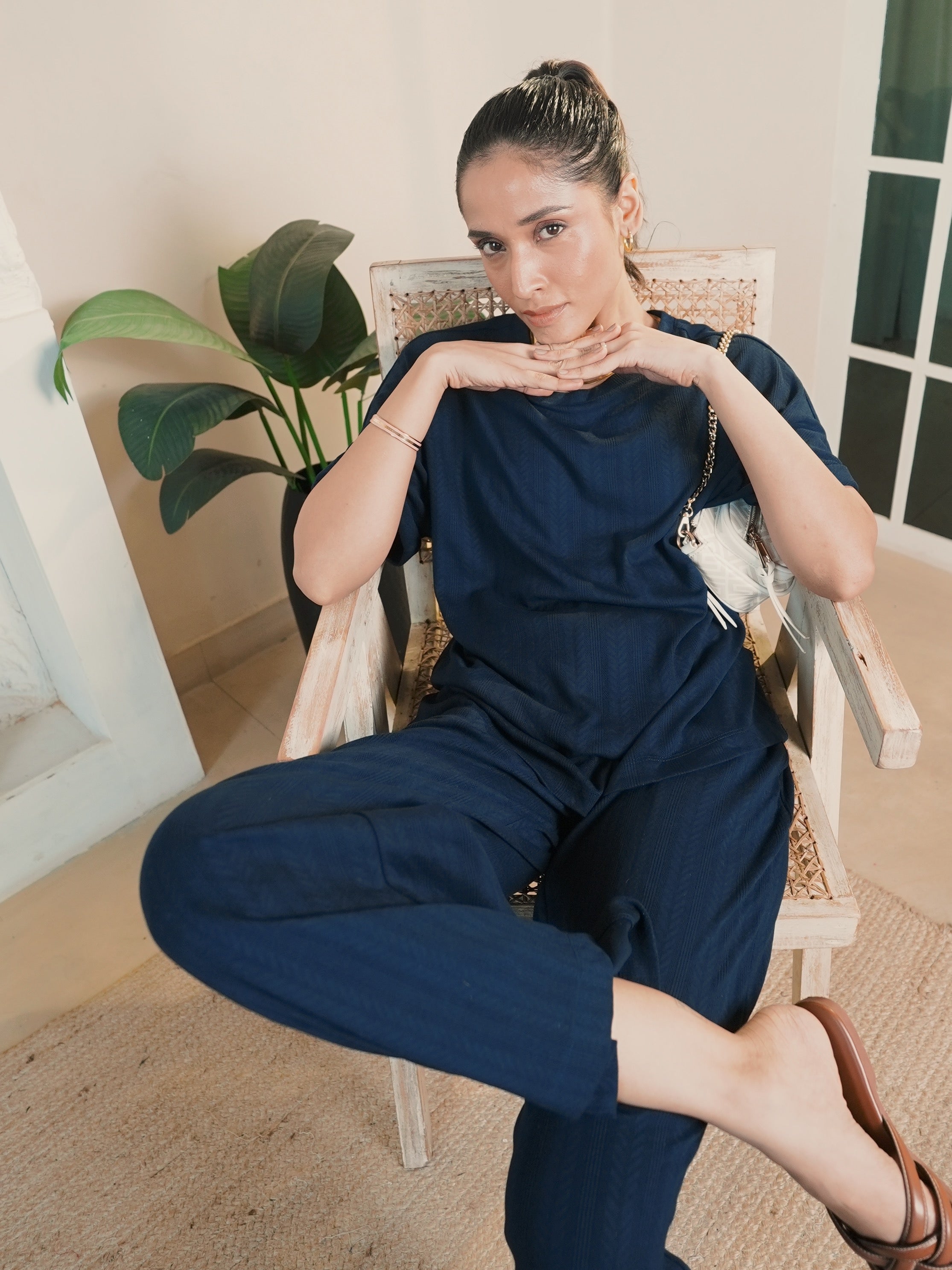 Navy Round Neck Textured Jersey Co-Ord Set