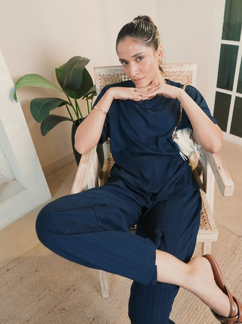 Navy Round Neck Textured Jersey Co-Ord Set