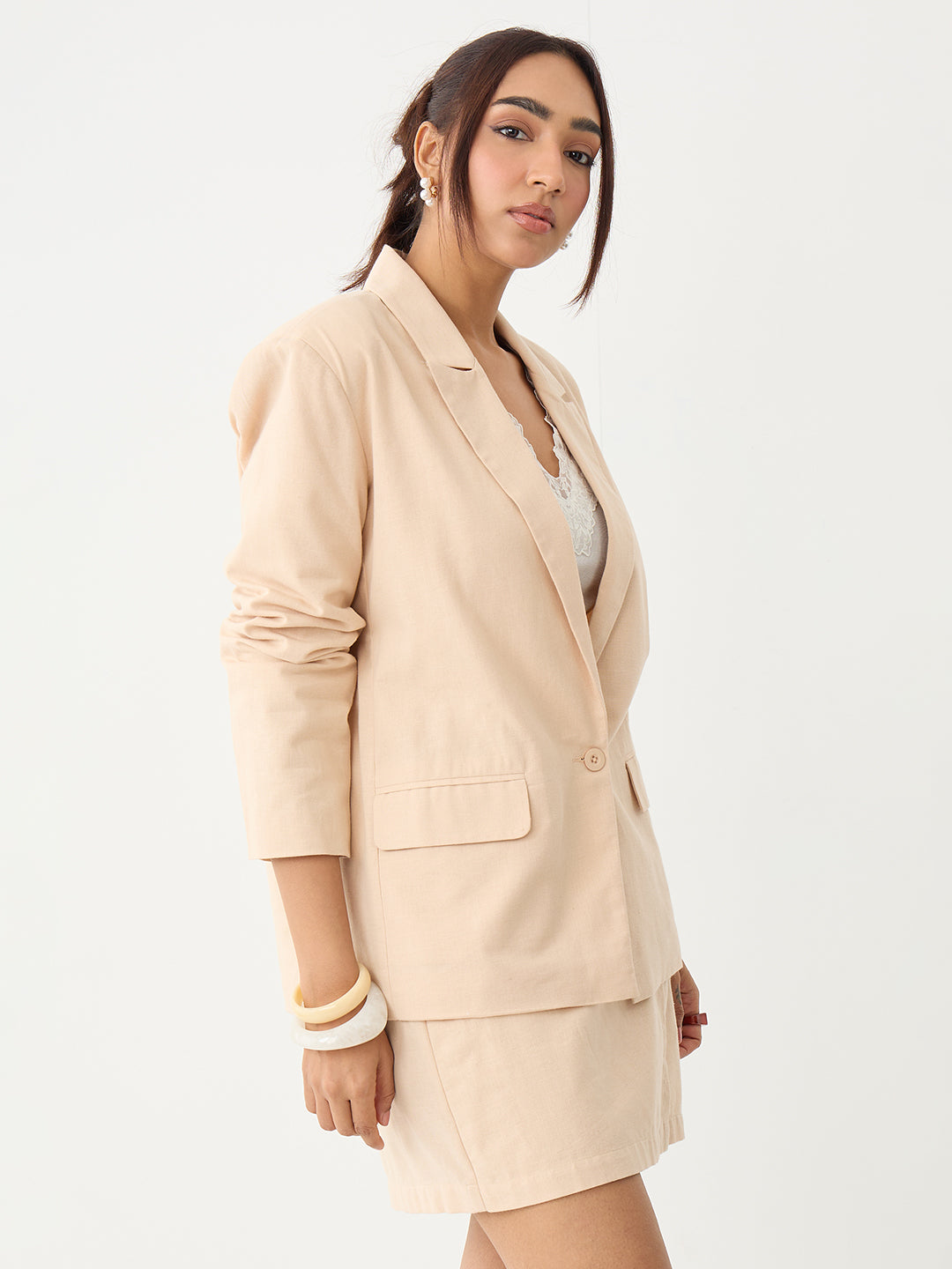 Beige Oversized Linen Blazer