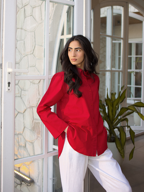 Red Poplin Button Down Shirt