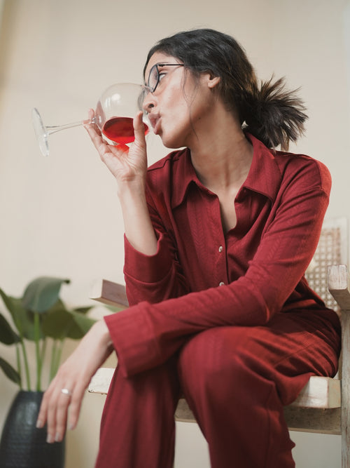 Red Button Down Textured Jersey Co-Ord Set