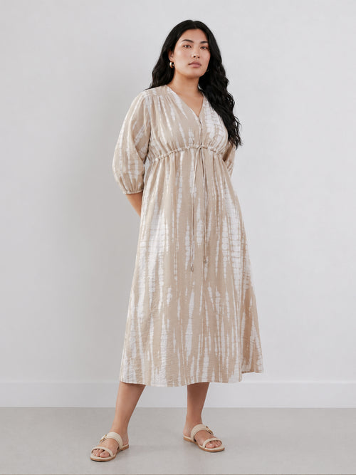 Beige Abstract Ruched Detail Midi Dress