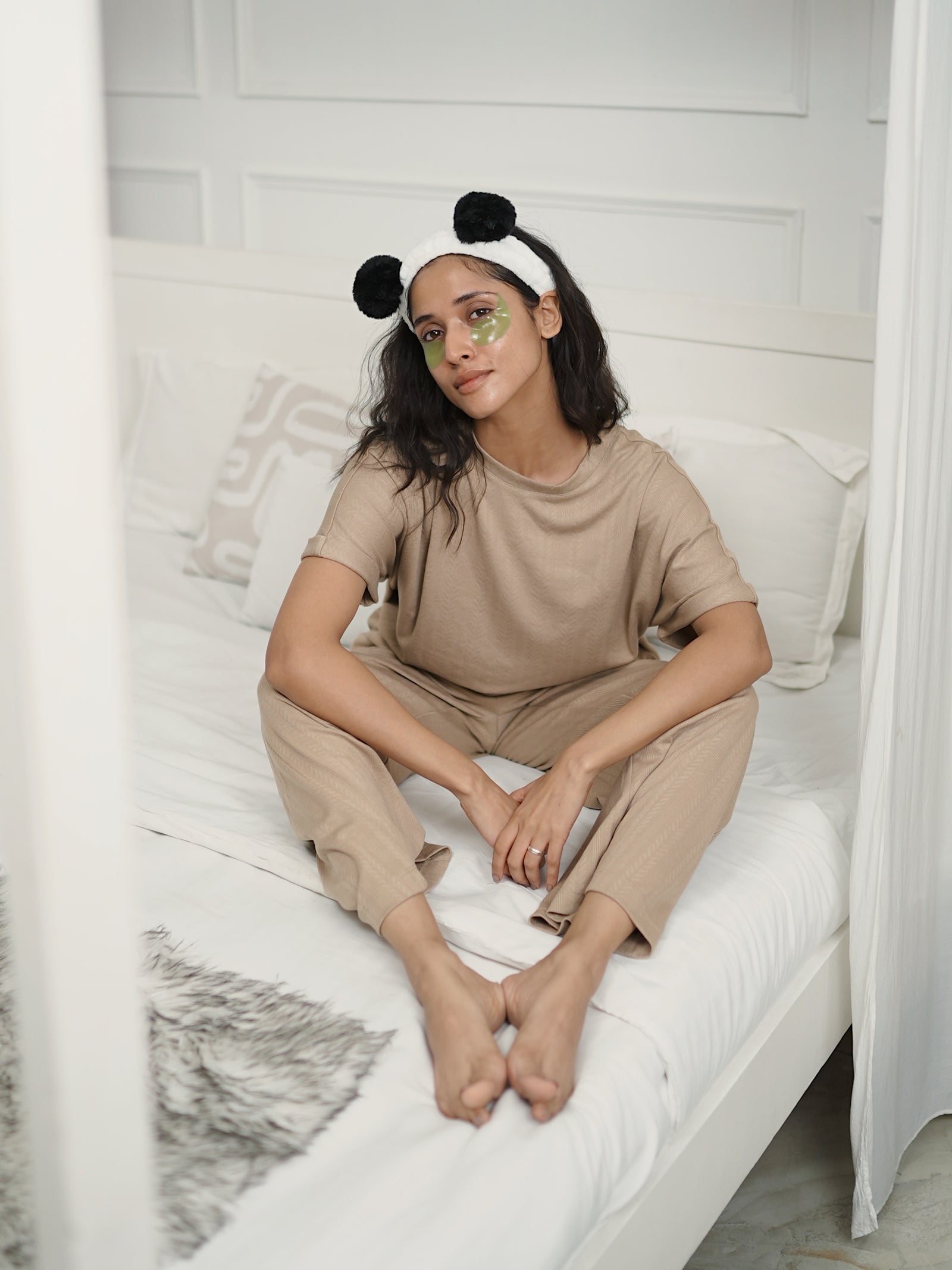 Beige Round Neck Textured Jersey Co-Ord Set