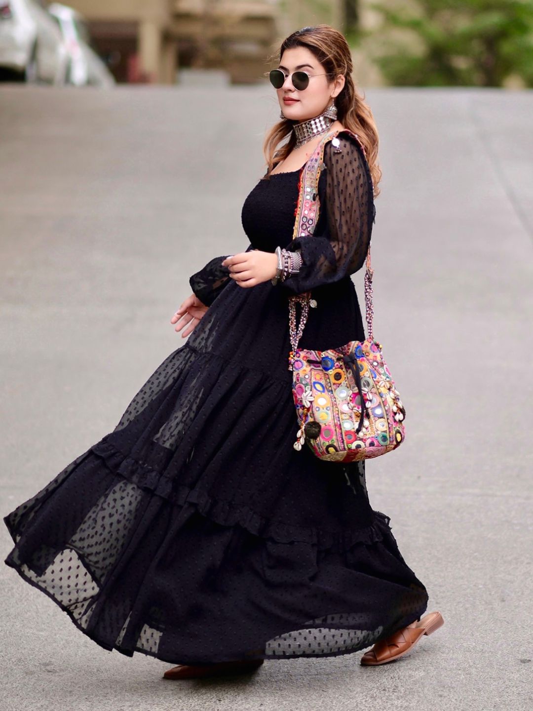 Black Dobby Chiffon Smocked Tiered Maxi Dress