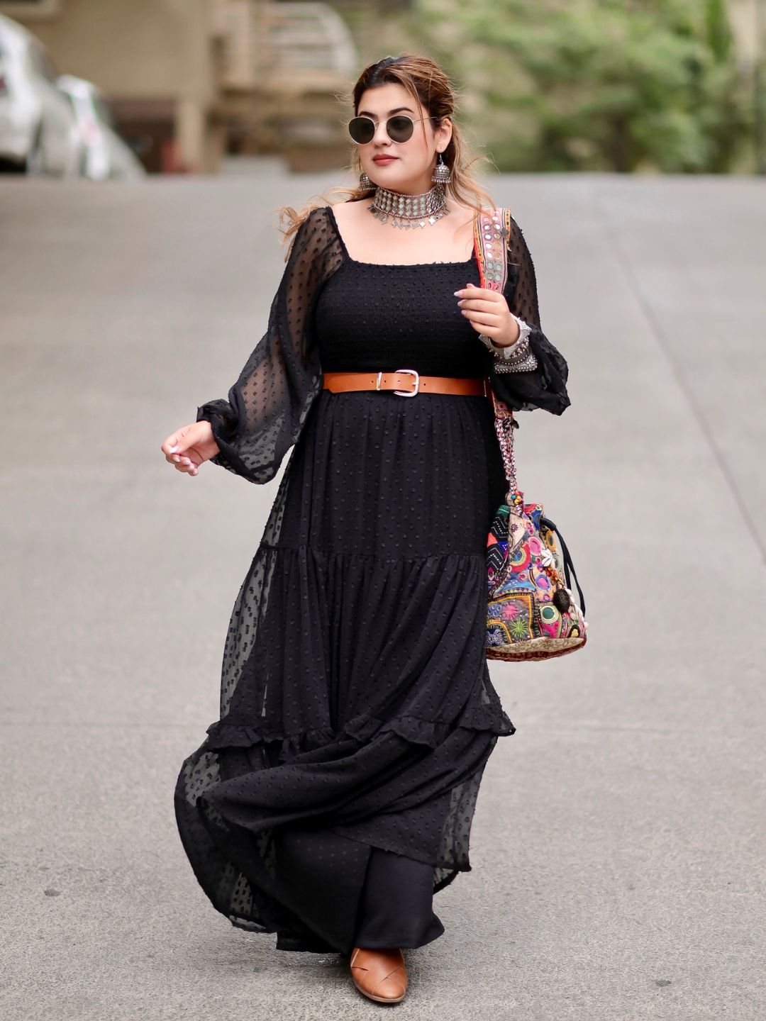 Black Dobby Chiffon Smocked Tiered Maxi Dress