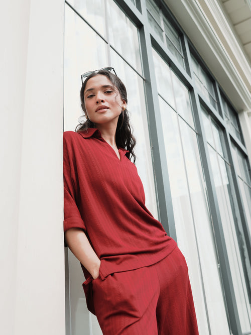 Red Kimono Textured Jersey Co-Ord Set
