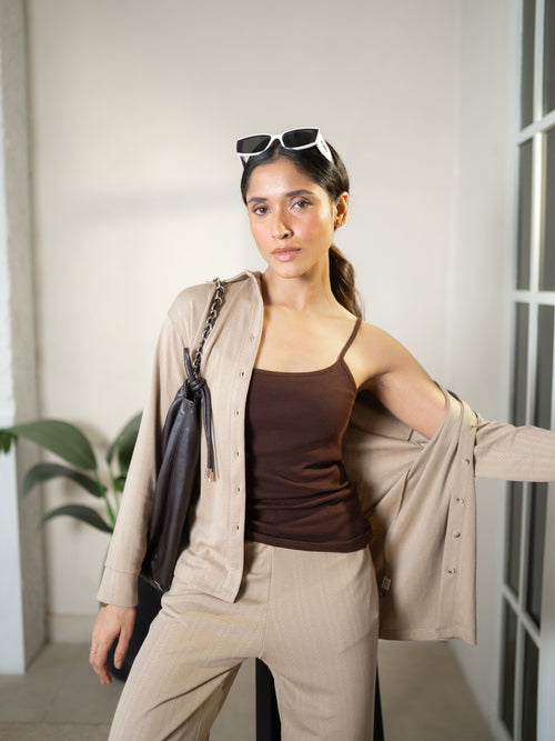 Beige Button Down Textured Jersey Co-Ord Set